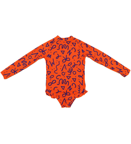 Girls Long Sleeve Swimsuit - Squiggle Pop Print
