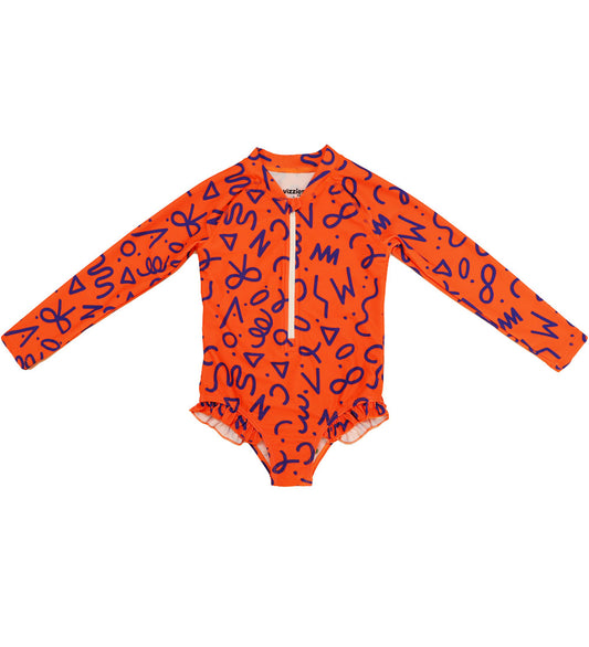 Girls Long Sleeve Swimsuit - Squiggle Pop Print