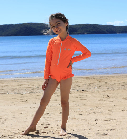 Girls Long Sleeve Swimsuit - Zesty Orange