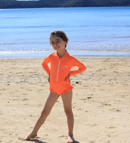 Girls Long Sleeve Swimsuit - Zesty Orange